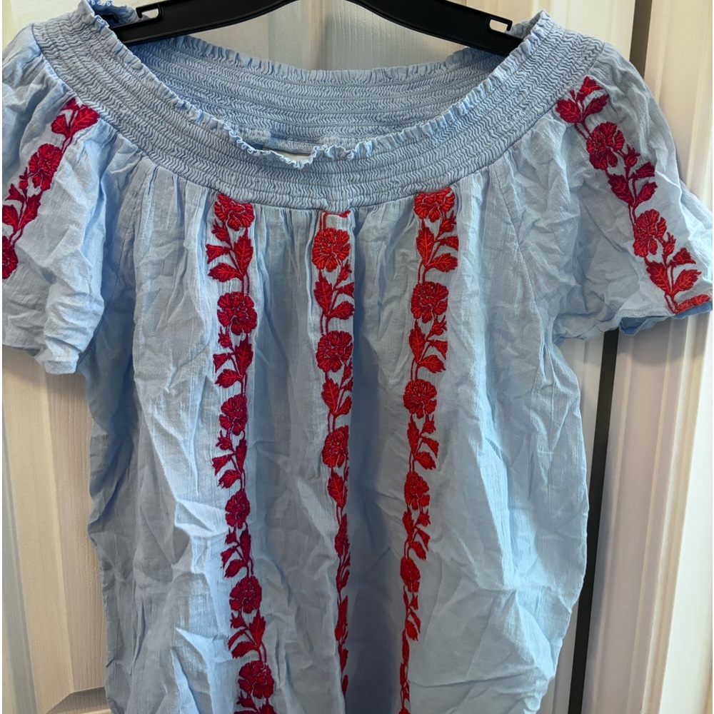 Liz Claiborne Light Blue Off-Shoulder Blouse with Red Floral Embroidery